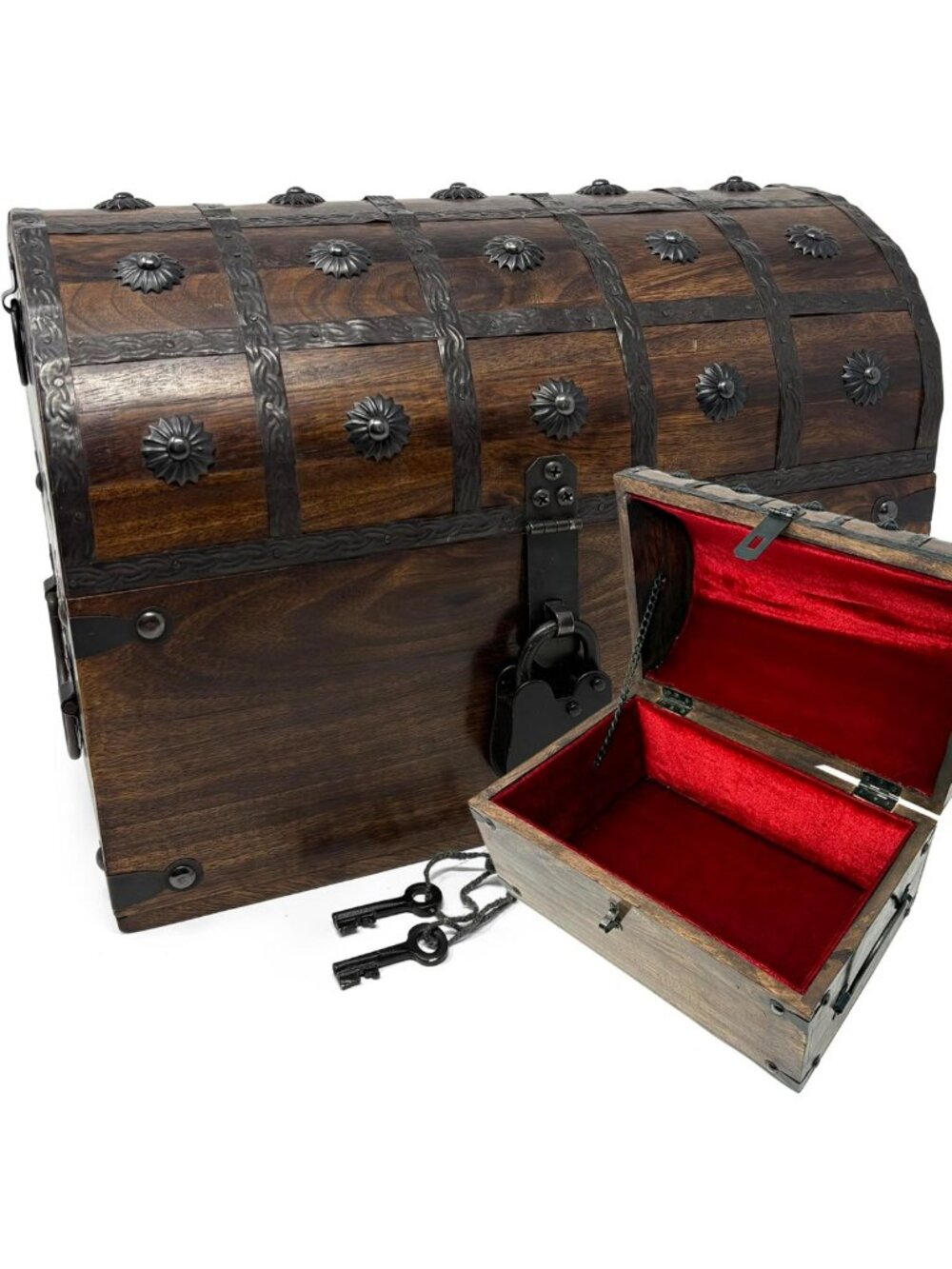 Large Wooden Treasure Chest with Velvet Lining & Antique Lock - Decorative